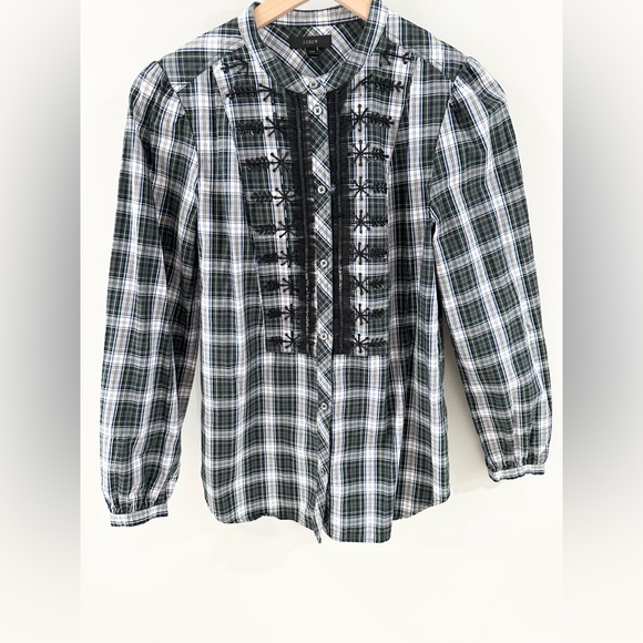 J. Crew Forrest Green Plaid Embellished Button Front Blouse Size XS Tall - Picture 5 of 7